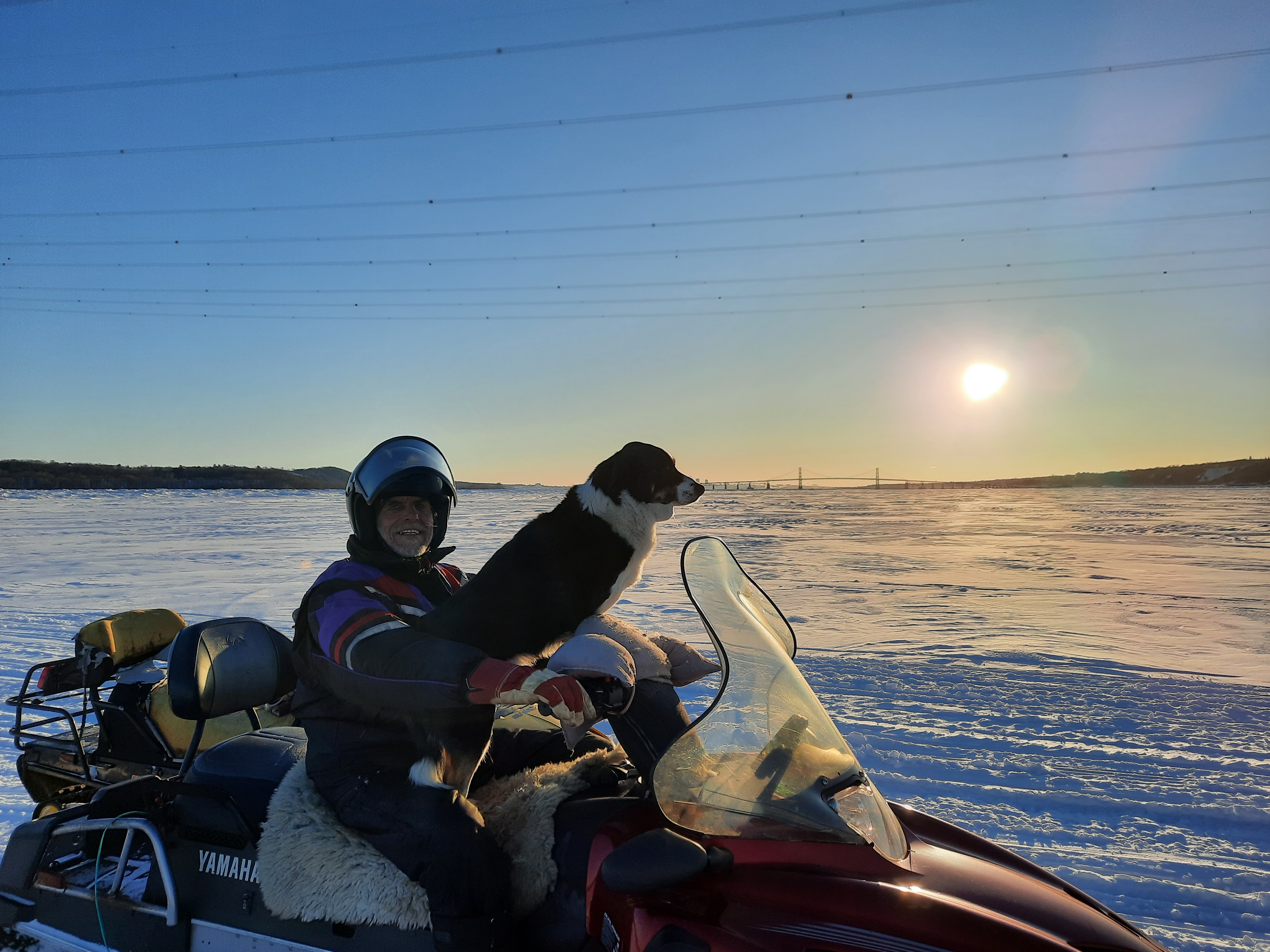 Richard Lapointe avec son border collie en skidoo sur les pistes de l'ïle d'Orléans